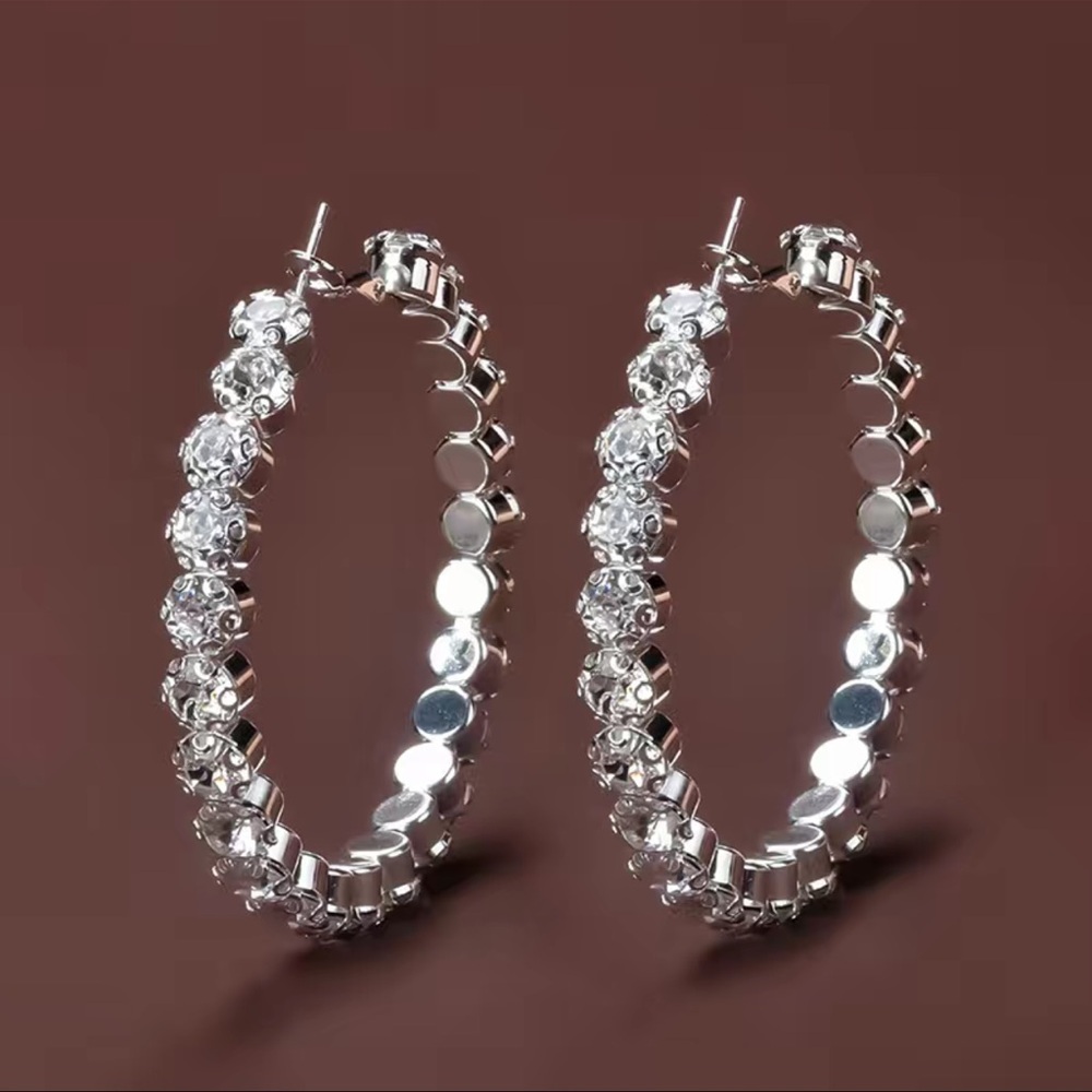 Crystal-Embellished Silver Toned Hoop Earrings NWT